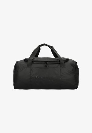 Zwarte duffelbag gemaakt van duurzaam nylon met een ritsluiting, voorzien van dubbele draaghandvatten en een reliëf merklogo. Overal een gladde textuur.