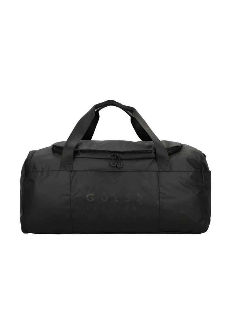 Sac de sport noir en nylon durable avec fermeture éclair, doté de poignées de transport doubles et d'un logo de marque en relief. Texture lisse sur l'ensemble.