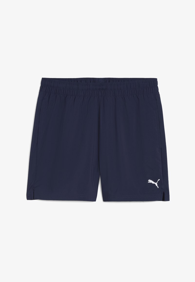 Pantaloncini sportivi blu navy realizzati in tessuto leggero con una cinta elastica in vita, tasche laterali e il logo Puma bianco sul lato inferiore sinistro.