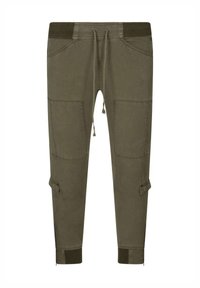 Pantalons cargo verts olive en tissu doux, avec une taille élastique, un cordon de serrage et plusieurs poches avec des poignets côtelés.