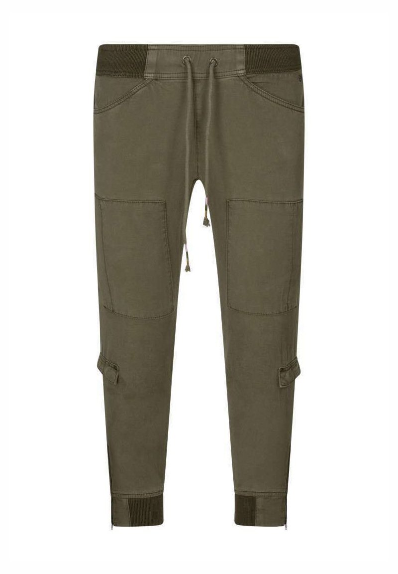 Pantalons cargo verts olive en tissu doux, avec une taille élastique, un cordon de serrage et plusieurs poches avec des poignets côtelés.