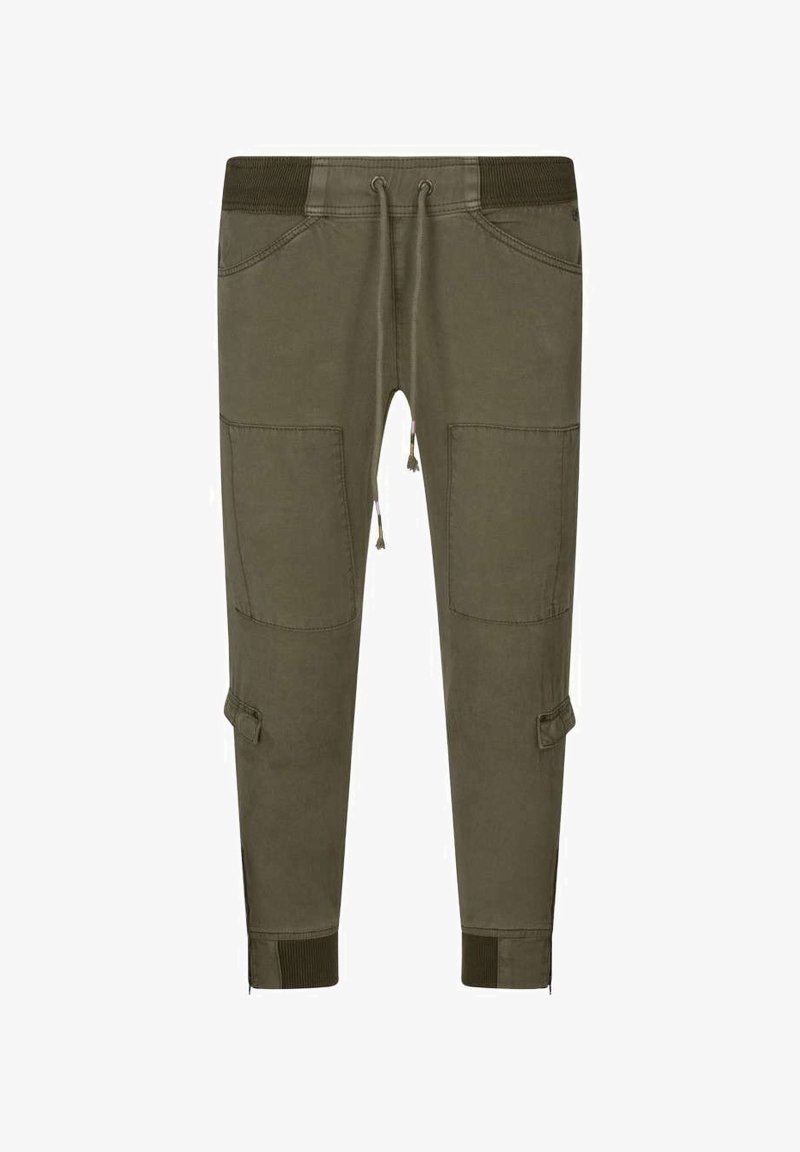 Pantalons cargo verts olive en tissu doux, avec une taille élastique, un cordon de serrage et plusieurs poches avec des poignets côtelés.