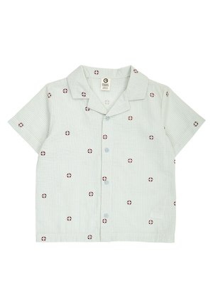 Light blue and white striped short-sleeve toddler shirt with collar, front buttons, and small red and white life preserver patterns.