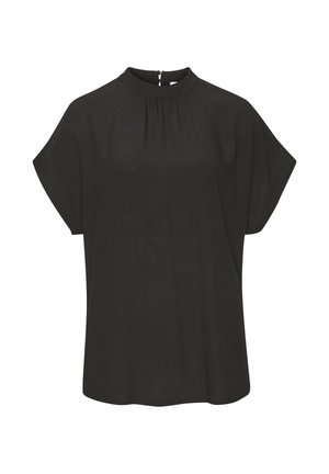 Black short-sleeve blouse with a high neckline, pleats at the front, and a back closure. Made of lightweight fabric with a smooth texture.