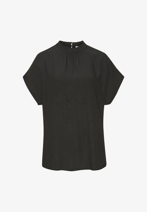 Black short-sleeve blouse with a high neckline, pleats at the front, and a back closure. Made of lightweight fabric with a smooth texture.