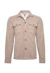 Beige lange mouwen blouse met knopen en twee borstzakken met klep en kraag, gemaakt van een zacht gestructureerde stof.