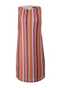 Robe sans manches à mi-cuisses avec des rayures verticales orange, rose, violet, marron et blanc, dotée d'un col rond et d'une fermeture à boutons dans le dos.