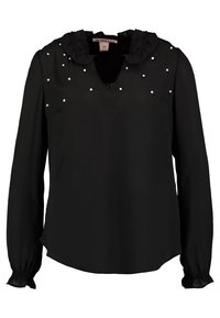 Musta pitkähiha blouse, jossa on röyhelökaulus, koristeltu koristehelmiä edessä, V-pääntie ja joustavat hihansuut.