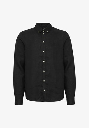 Zwart langarm shirt van linnen met een button-down kraag, voorzien van ivoorkleurige knopen en een klein geborduurd logo op de borst.
