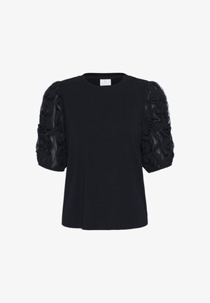 Black short-sleeve top with sheer, ruffled puff sleeves and a round neckline.