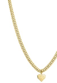 Gouden ketting met een dikke, geweven structuur, voorzien van een geometrisch hartvormig hangertje. Gladde textuur en een gepolijst afwerking.