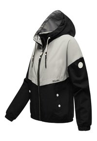 Black and gray zip-up jacket with an adjustable hood, elastic cuffs, side pockets, and a logo patch on the sleeve.