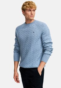 Jasnoniebieski sweter o splotach, z okrągłym dekoltem, z prążkowanymi mankietami i dołem. Posiada małe ciemne logo na klatce piersiowej. Idealny do codziennych stylizacji.