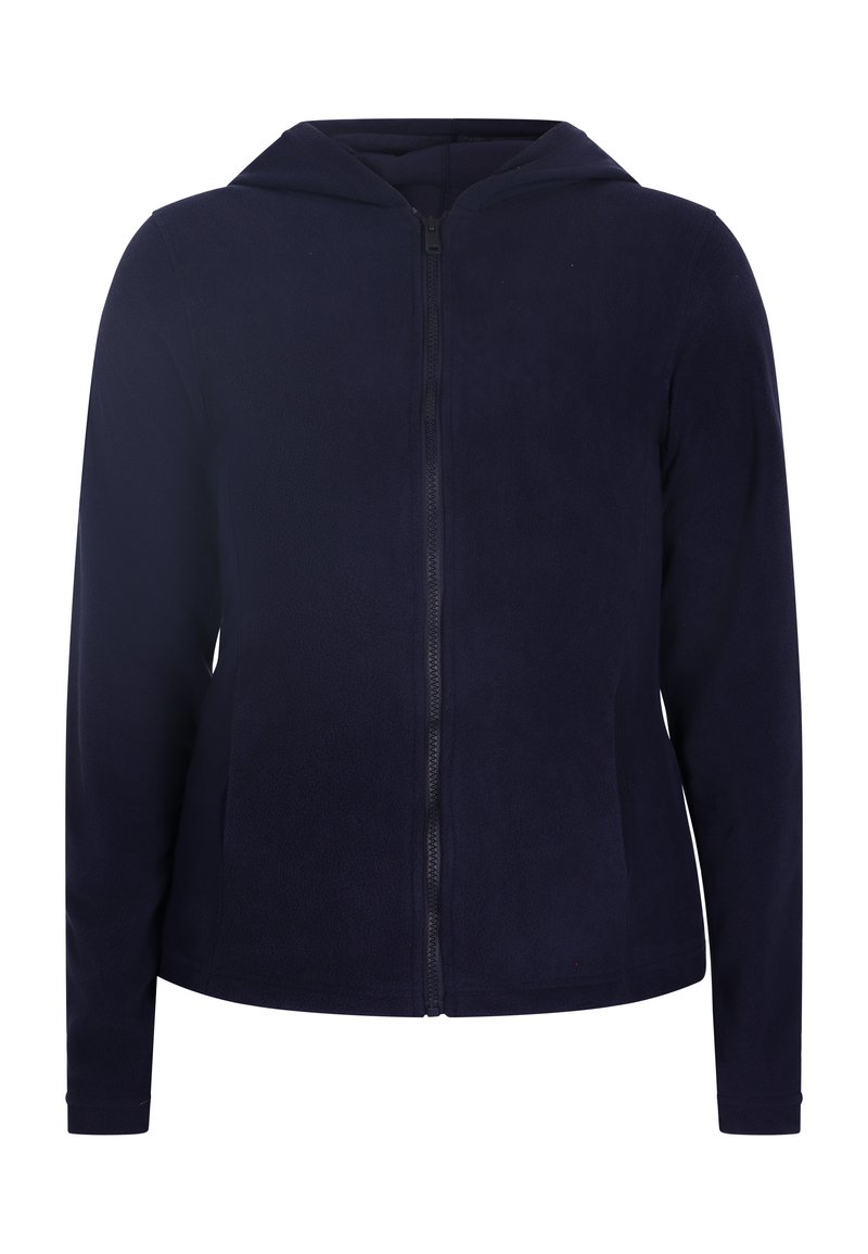 Granatowy polarowy hoodie z pełnym zamkiem z przodu, regulowanym kapturem, długimi rękawami i ściągaczami, charakteryzujący się miękką fakturą i gładkim wzornictwem.