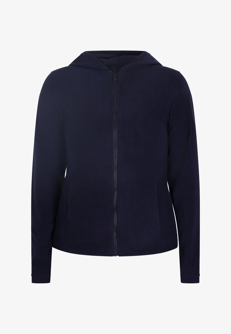 Granatowy polarowy hoodie z pełnym zamkiem z przodu, regulowanym kapturem, długimi rękawami i ściągaczami, charakteryzujący się miękką fakturą i gładkim wzornictwem.