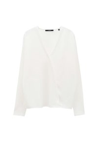 Maglietta bianca a maniche lunghe con scollatura a V profonda, vestibilità comoda e texture morbida. Senza motivi o dettagli visibili. Design minimalista.