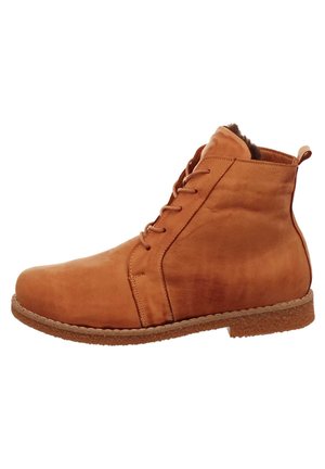 Tan leather ankle boot with round toe, textured upper, lace closure, and a light brown rubber sole. Fleece lining visible at the top.
