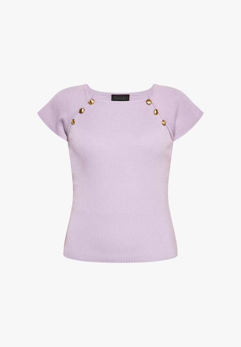 Lilla ribbet top med korte ærmer, med guldfarvede knapdetaljer på skulderen og en tætsiddende silhuet. Producentmærket er synligt.