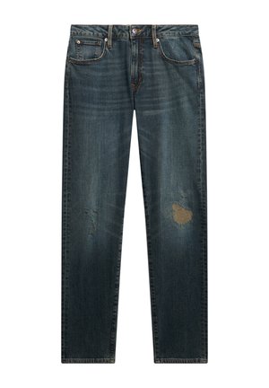 Granatowe dżinsy o prostym kroju, z przetarciami, jasnobrązowymi akcentami, pięcioma kieszeniami oraz metalowym zapięciem na guzik.