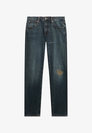 Dark blue denim jeans with a straight fit, featuring distressed patches, light brown accents, five-pocket design, and a metal button closure.