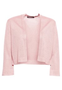 Světle růžový cardigan s otevřeným předním dílem z měkké pletené textury, se třičtvrtečními rukávy a volnějším střihem. Bez zapínání, jemně splývá.