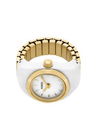 Montre blanche avec un bracelet en métal doré, cadran circulaire, aiguilles dorées et index. Elle dispose d'une couronne proéminente et d'un design épuré.