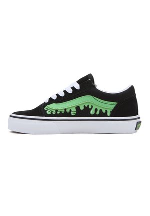 Black suede sneaker featuring a green drip design along the side, white laces, and a white midsole with a black stripe.