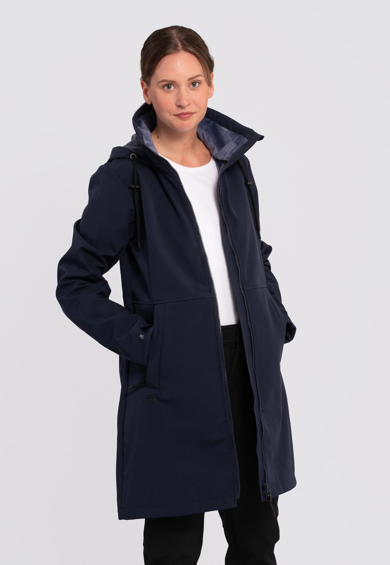 Manteau mi-long bleu marine avec capuche, cordon de serrage élastique, poches avant et fermeture éclair à l'avant, doté d'une doublure intérieure douce.