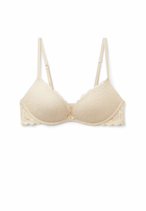 Beige Spitzen-BH mit gewelltem Rand, verziert mit floralen Mustern, verstellbaren Trägern und einem Frontverschluss. Weicher Stoff mit einem nahtlosen Design.