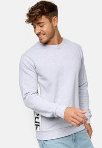 Sweat-shirt gris clair en mélange de coton, avec un col rond, des manches longues et une bande latérale noire avec des détails textuels.