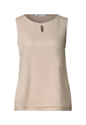 Haut beige sans manches avec encolure ronde et petite découpe en forme de goutte au centre devant, tissu lisse, style décontracté.