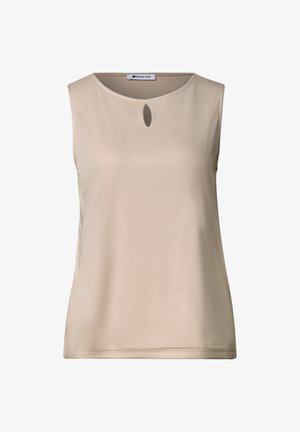 Haut beige sans manches avec encolure ronde et petite découpe en forme de goutte au centre devant, tissu lisse, style décontracté.