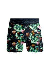 Colorful boxers featuring a black background with vibrant hot air balloon patterns in orange and red, accented with green abstract designs.