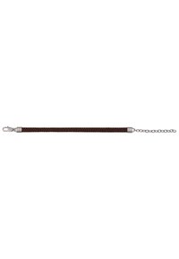 Bracciale in pelle intrecciata marrone con hardware in tonalità argento e un accento a catena, progettato per una chiusura sicura.