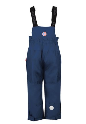 Salopette impermeabile blu per bambini con spalline nere regolabili, toppa della bandiera norvegese sul petto e dettagli riflettenti sulla gamba.