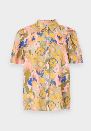 Kurzärmelige Bluse zum Knöpfen mit gelbem, blauem, pinkem und grünem Blumenmuster und spitzem Kragen.