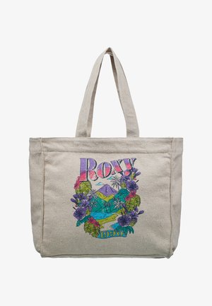 Beige Leinwand-Tragetasche mit bunten tropischen Blumen, Palmen, Bergen und dem Schriftzug „Roxy 1990“ auf der Vorderseite.