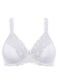 Reggiseno bianco con una base in satin liscio e sovrapposizione di pizzo floreale, spalline regolabili e dettaglio a fiocco centrale. Coppe leggermente imbottite.