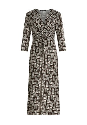 Lungo abito a portafoglio in bianco e nero con motivo a fantasia, maniche a tre quarti e dettaglio arricciato con laccio in vita.