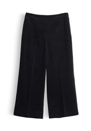 Pantaloni wide-leg in corduroy nero con superficie testurizzata, vita alta e taglio dritto, caratterizzati da sottili righe verticali e orli puliti.