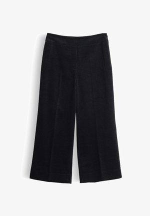 Black corduroy wide-leg trousers with a textured surface, high waist, and straight cut, featuring subtle vertical lines and clean hems.