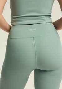 Dopasowane miętowozielone legginsy sportowe o gładkiej fakturze, wysokim pasie i bezszwowym designie, z małym logo marki z tyłu.