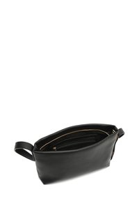 Black leather bag with a smooth texture, zip closure, and interior compartments. It features a side handle for carrying convenience.