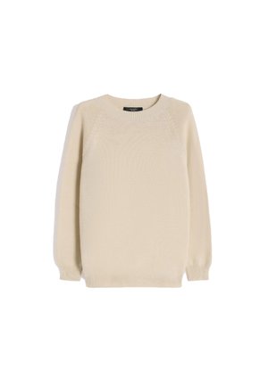 Maglione beige a maniche lunghe lavorato a maglia con polsini, orlo e scollo a girocostina, mostrato disteso su sfondo bianco.