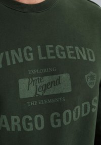 Groene sweatshirt van een gestructureerde stof met grote bedrukte tekst en logo-elementen in lichter groen. Crew neck ontwerp.