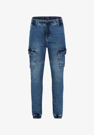 Dunkelblaue Denim-Cargo-Hosen mit einem Kordelzugbund, mehreren Seitentaschen, schmal zulaufendem Bein und elastischen Bündchen an den Knöcheln.