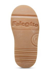 Suola in gomma di colore marrone chiaro con il marchio "Falcotto." Presenta una texture rigata e un accento circolare, progettata per stabilità e aderenza.