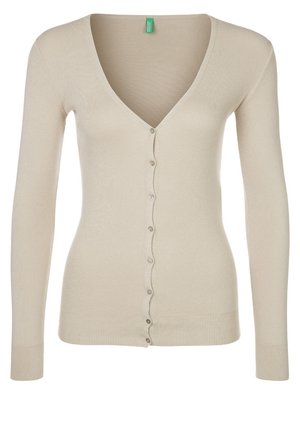 Beige lange mouw V-hals vest met knoopsluiting aan de voorkant en geribbelde manchetten en zoom, aansluitende pasvorm.