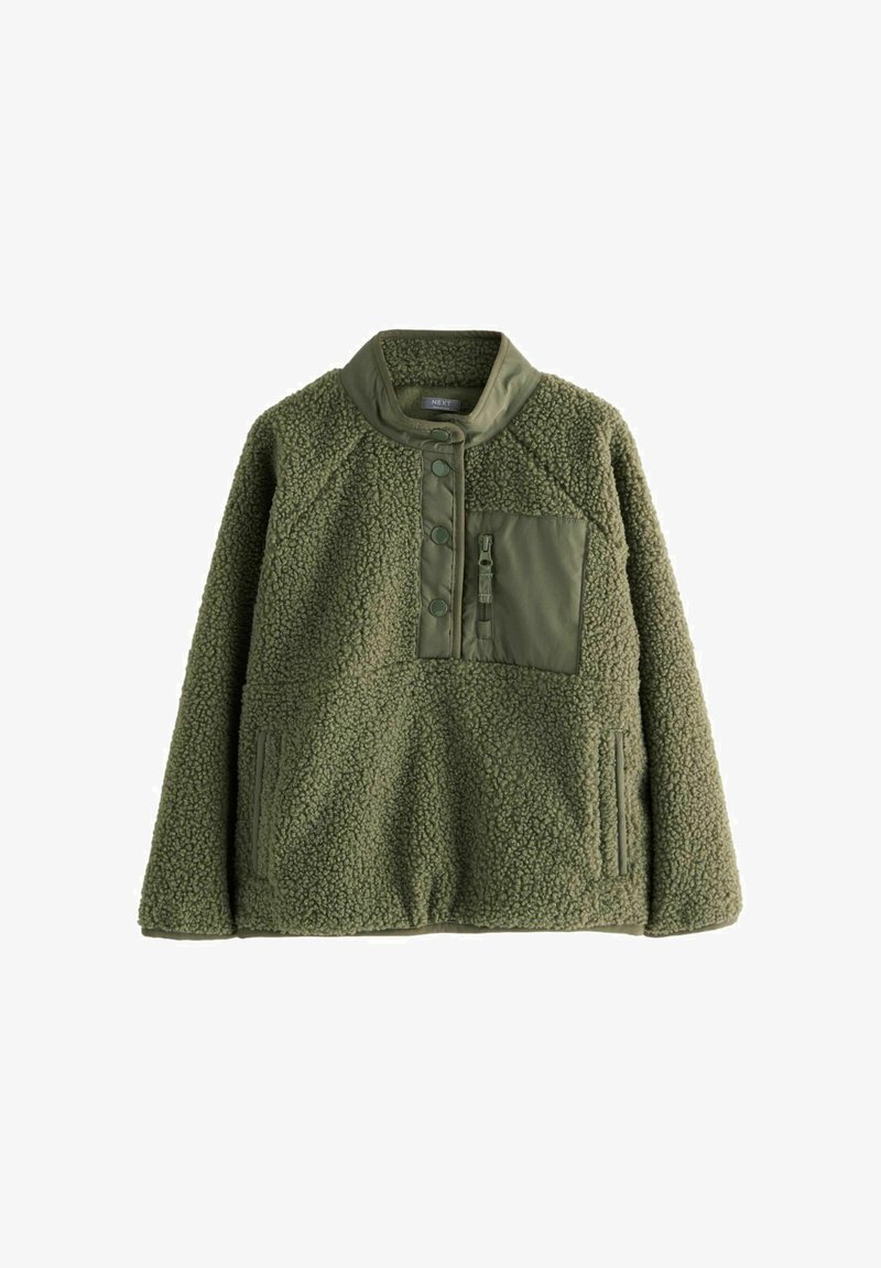 Pulover din polar de culoare verde măsliniu, cu fermoar pe un sfert, exterior texturat, mâneci raglan și buzunar frontal cu fermoar. Include detalii cu nasturi pe guler.