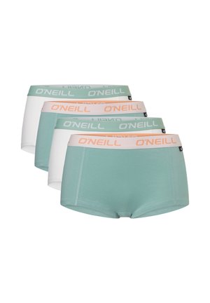Vier paar dameshipsteronderbroeken, afwisselend wit en licht petrol, met elastische taillebanden met het merk "O'NEILL" in roze en petrol.